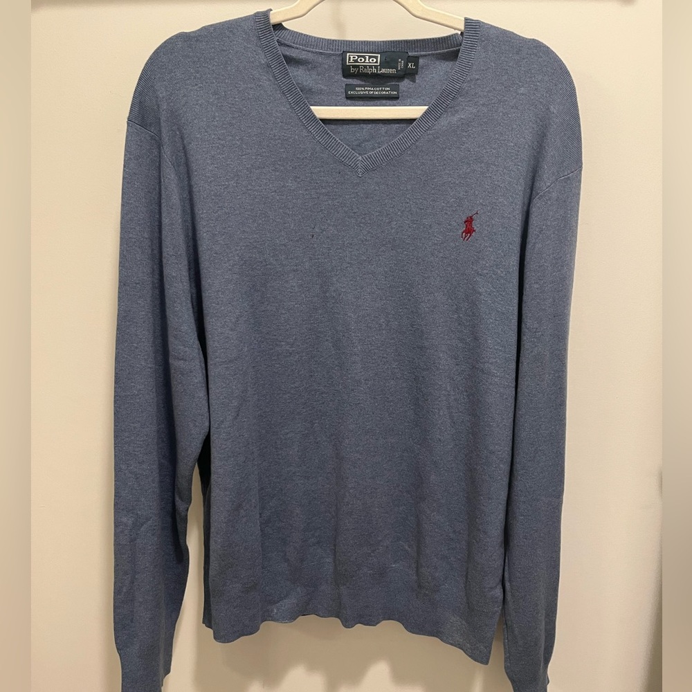Polo Ralph Lauren Pima Cotton V-Neck Sweater Mens Size XL Blue Long Sleeve